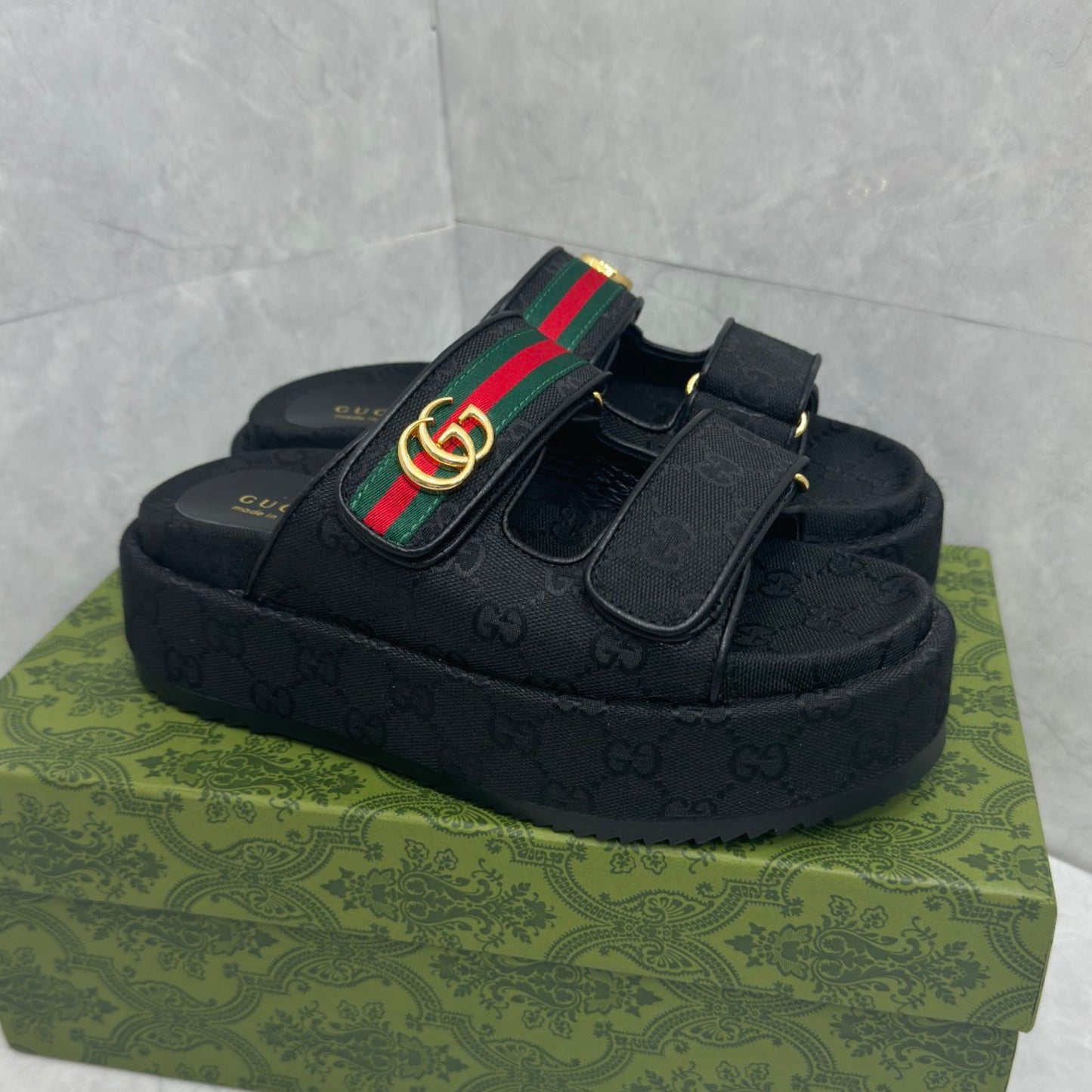 Sandália GG Plataforma Slider com Double com preto e faixa