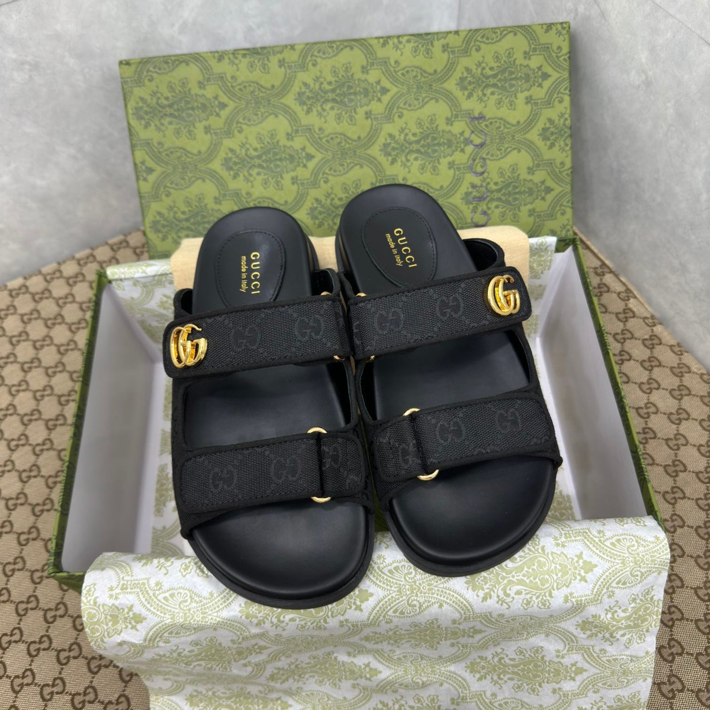 Sandália GG Slider com Double com preto