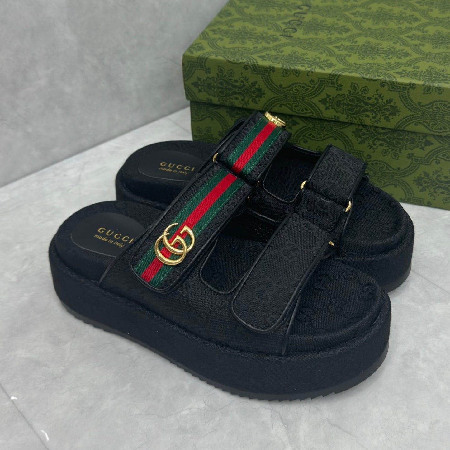 Sandália GG Plataforma Slider com Double com preto e faixa