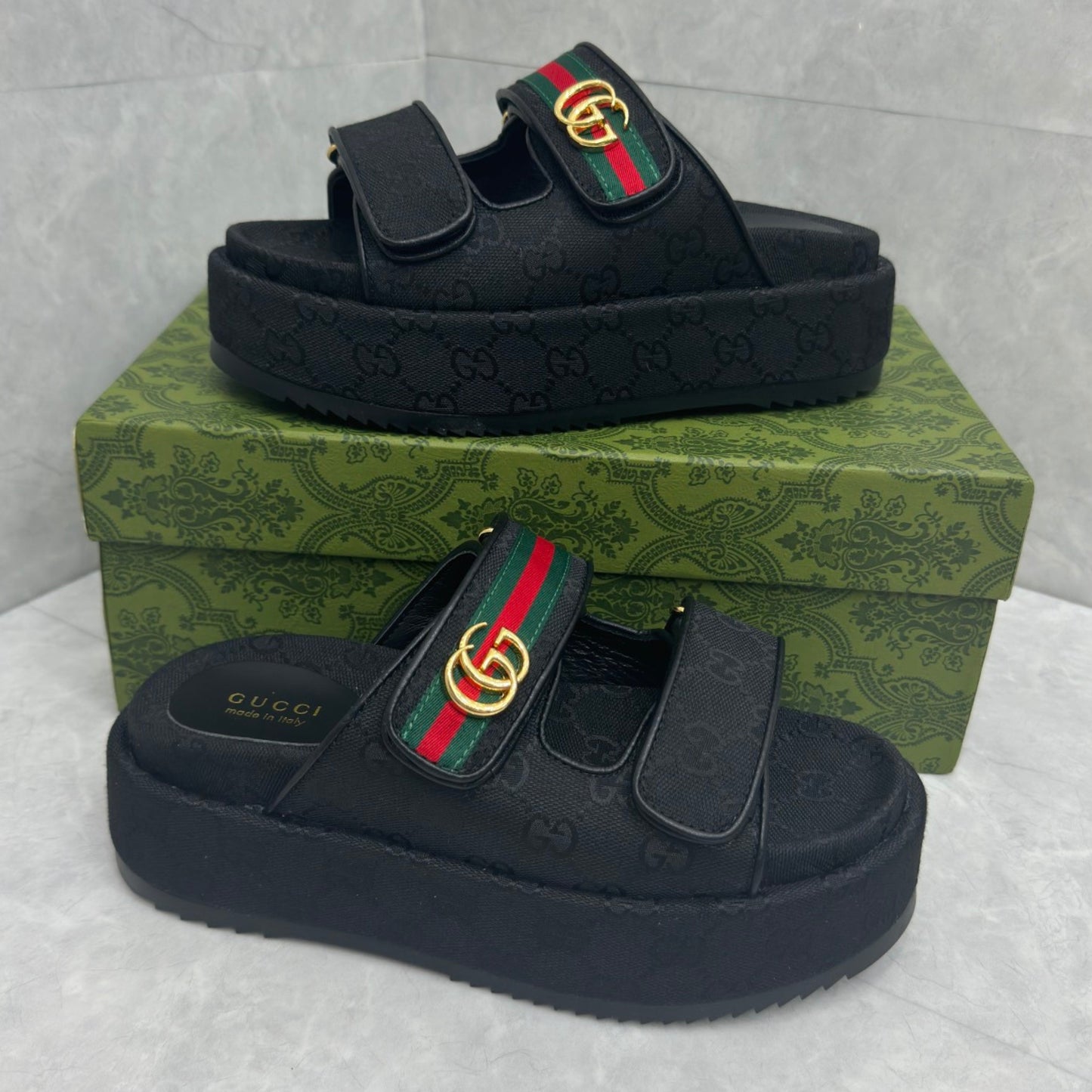 Sandália GG Plataforma Slider com Double com preto e faixa