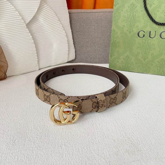 Cinto GG Canvas com Marrom e Logo Dourado 2cm de largura