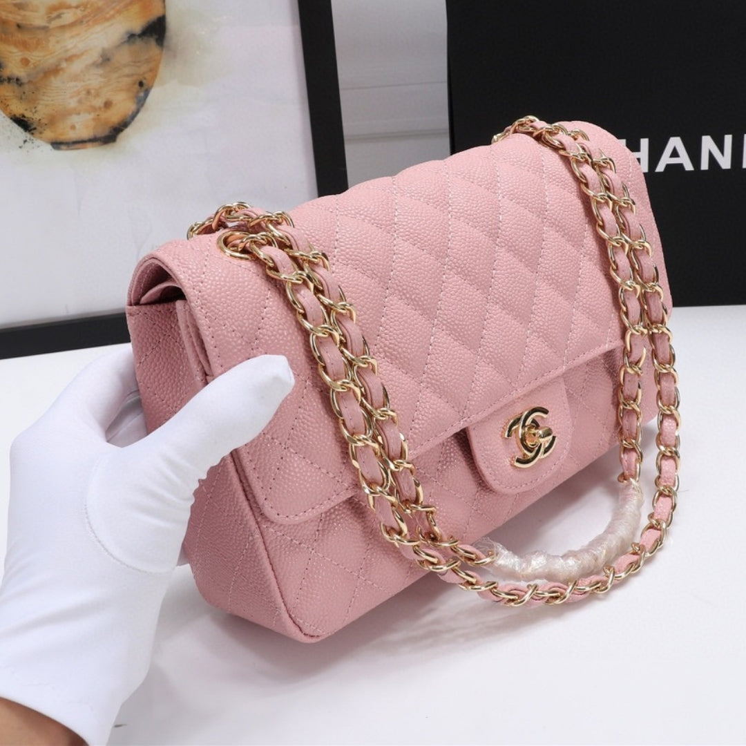 Bolsa CHN Classica detalhes Rosa com Dourado 25cm