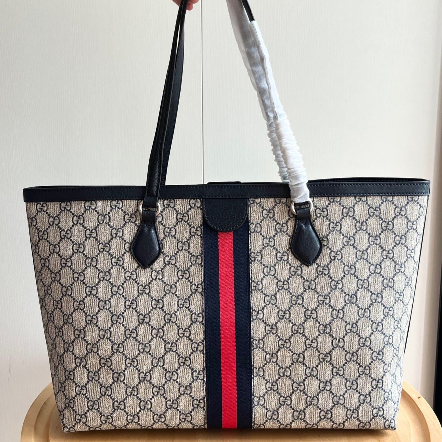 Bolsa GG Ophidia Tote média Supreme Bege web Vermelho e azul 38cm