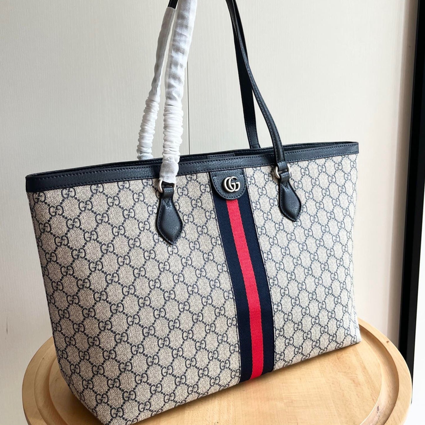 Bolsa GG Ophidia Tote média Supreme Bege web Vermelho e azul 38cm