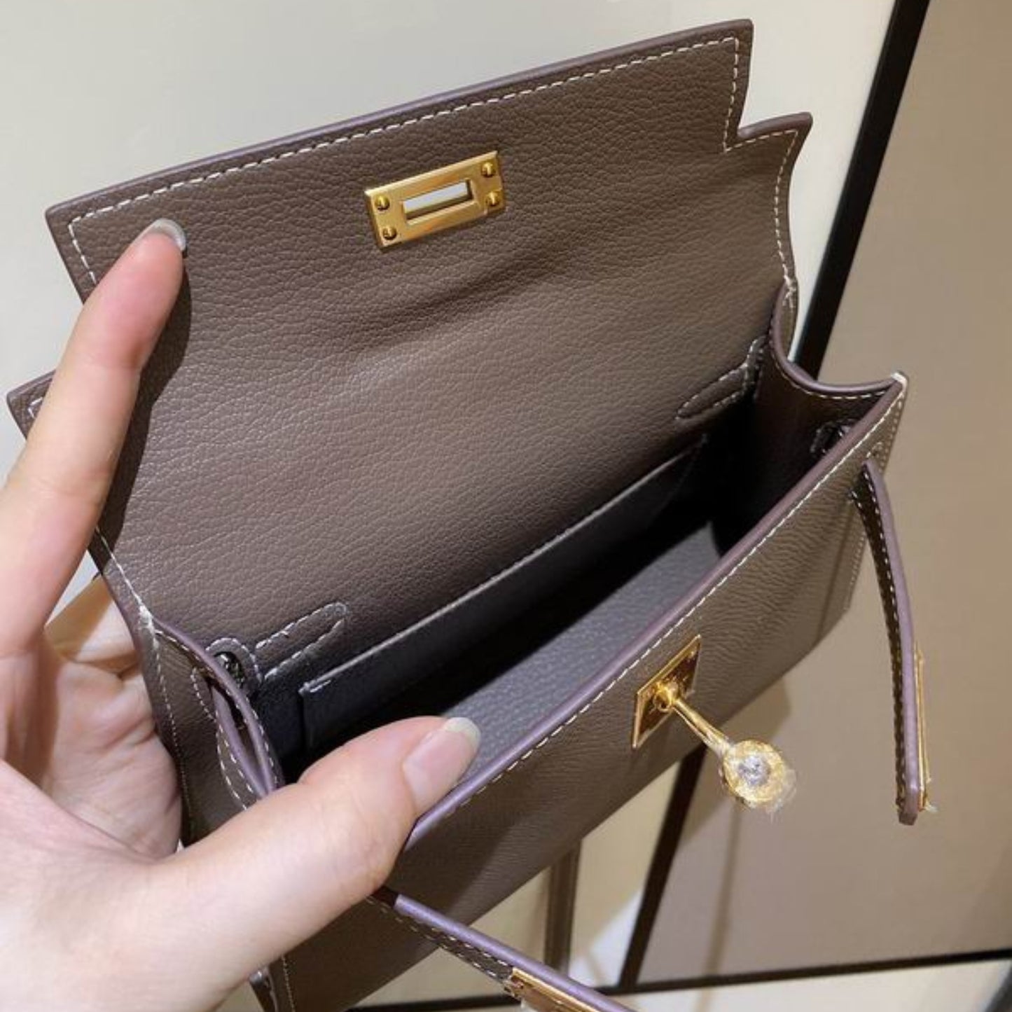 Bolsa HRMS Kelly Mini Marrom Claro 19cm
