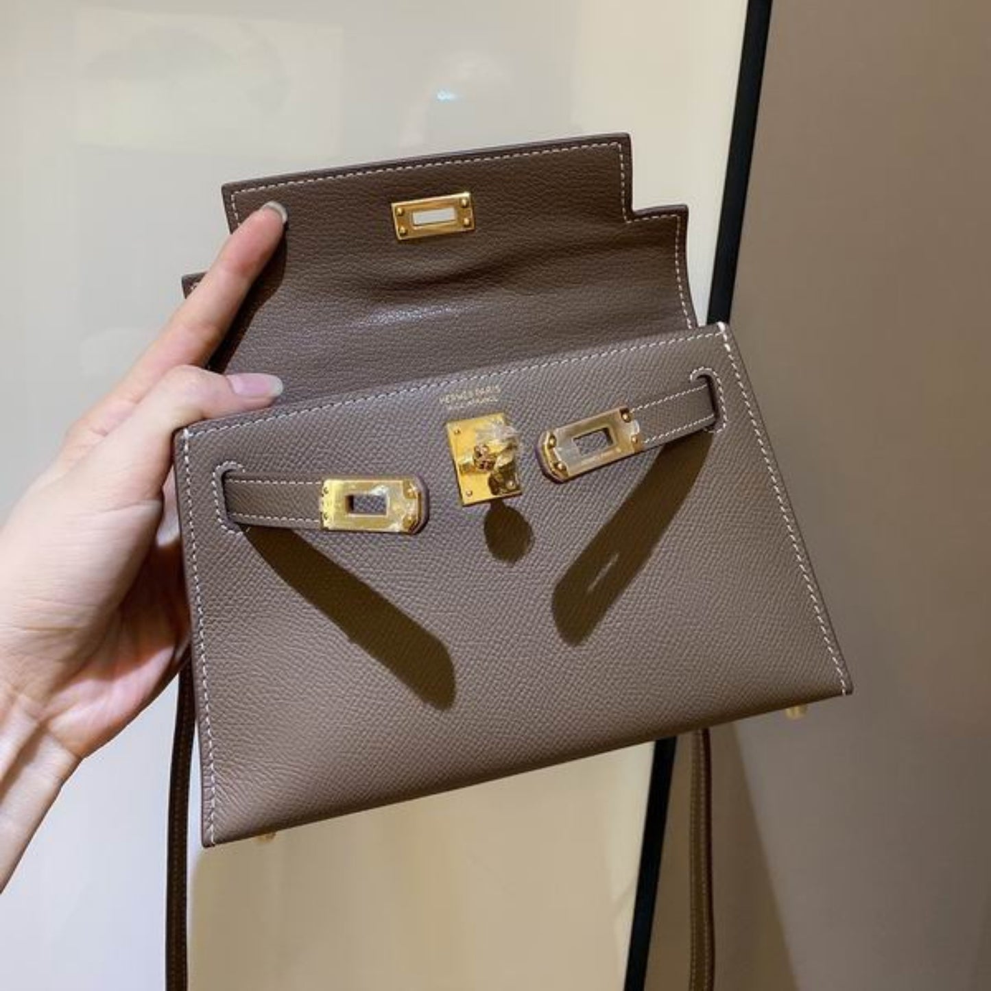 Bolsa HRMS Kelly Mini Marrom Claro 19cm