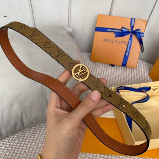 Cinto LV Dupla Face Marrom com Canvas e Dourado 2cm de largura