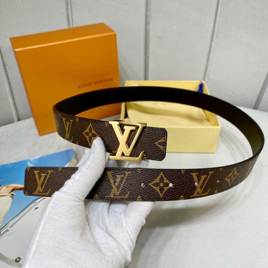Cinto LV Dupla Face Preto com Canvas e Dourado 3cm de largura