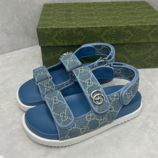 Sandália GG Slider com Double GG Azul Calcanhar