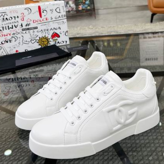 Tenis DG Portofino Couro Todo Branco com Logo Lateral Relevo