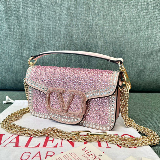 Bolsa VLT tiracolo Garavani Locò rosa e aplicação de strass 20cm