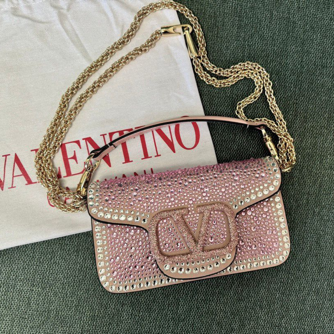Bolsa VLT tiracolo Garavani Locò rosa e aplicação de strass 20cm