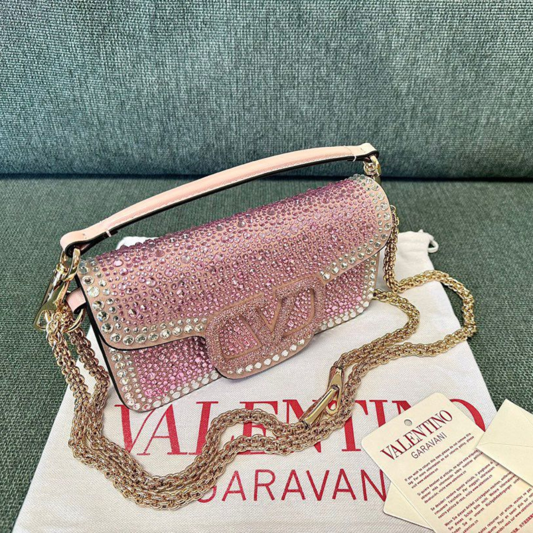 Bolsa VLT tiracolo Garavani Locò rosa e aplicação de strass 20cm