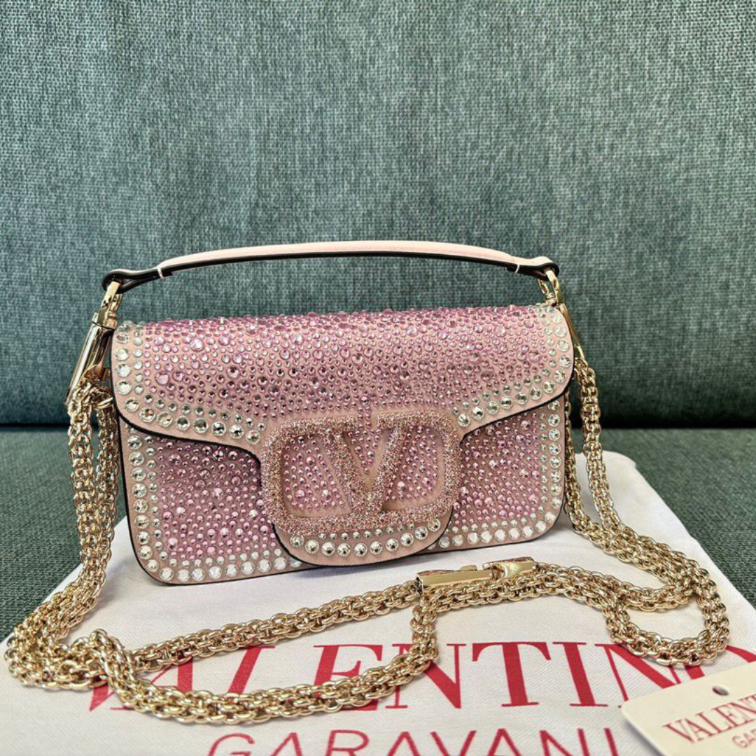 Bolsa VLT tiracolo Garavani Locò rosa e aplicação de strass 20cm