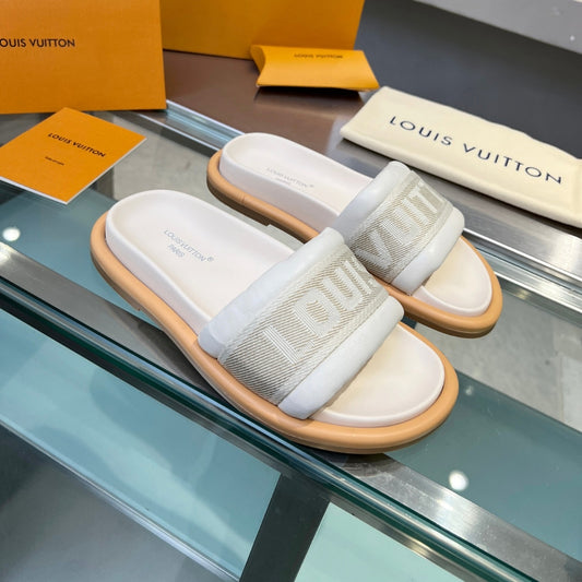 Sandália LV Off White 2 Couro Slide