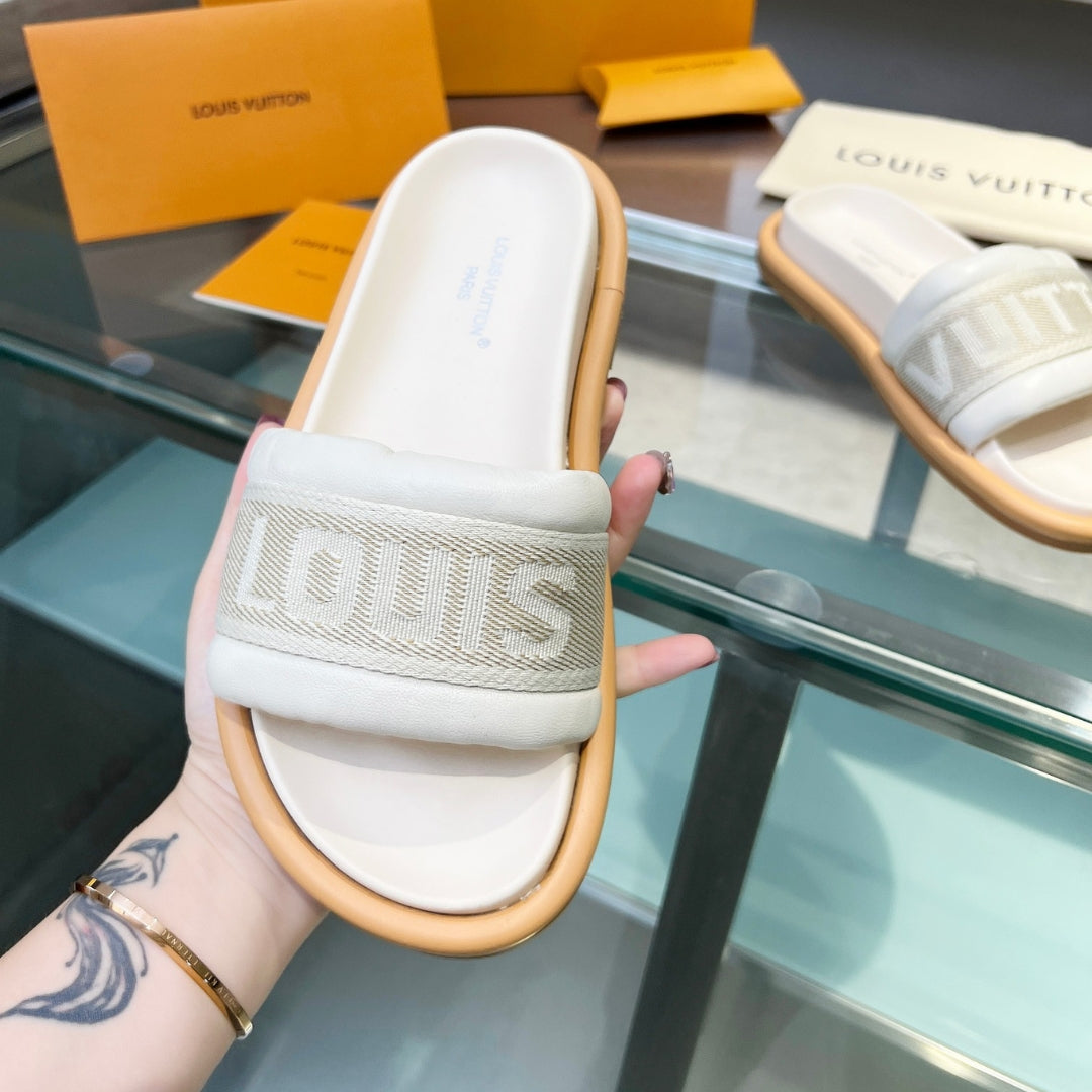 Sandália LV Off White 2 Couro Slide