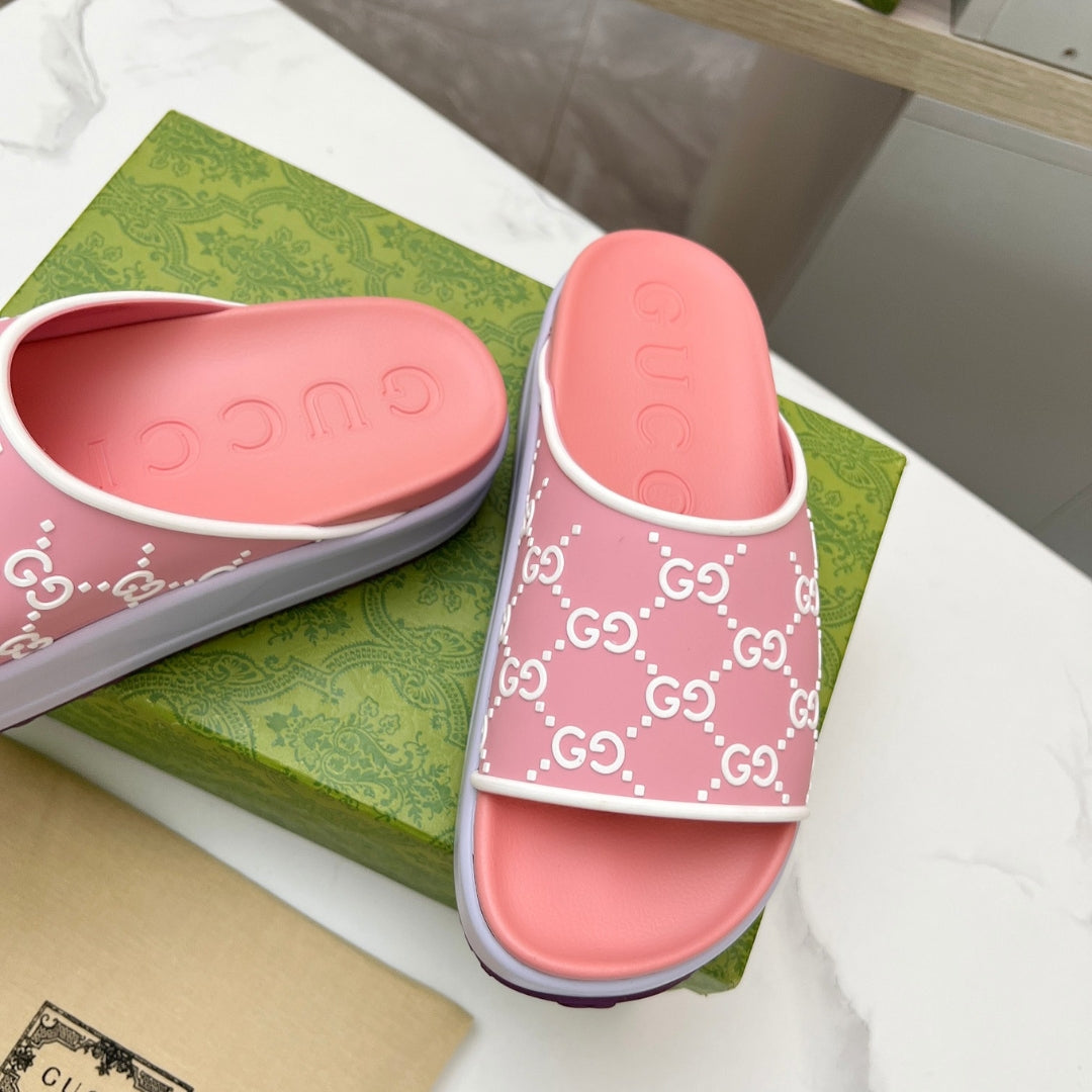 Chinelo Slide GG Rosa e Lilas Canvas Branco Detalhes