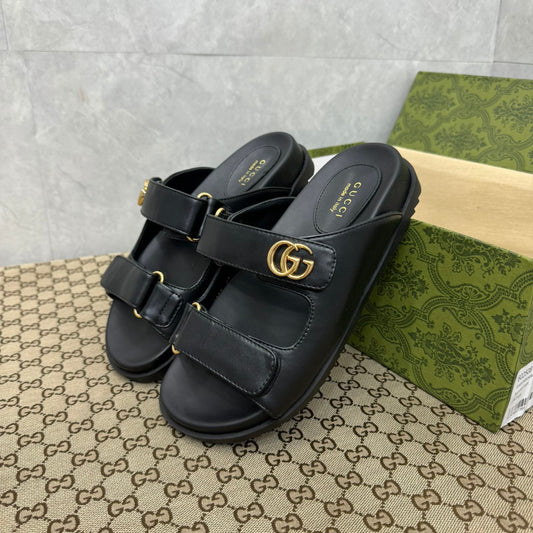 Sandália GG Slider com Double com preto Couro